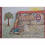 Casa Lingua Das bucklig Männlein _1298 Der Casa Lingua-Druck "Das bucklige Männlein" zeigt eine Aquarellszene mit einer Frau an einer Freitreppe einem Apfelbaum und einem Holzschuppen in dem eine gebückte Gestalt Stöcke hält. Der deutsche Text erscheint darunter.