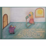 Casa Lingua Das bucklig Männlein _1299 Ein Kind kniet auf einer kleinen Bank und betet während Das bucklige Männlein eine bucklige Gestalt in einem braunen Mantel in der Nähe gestikuliert. Sonnenlicht strömt durch das Fenster. Der deutsche Text steht unter dieser Illustration von Casa Lingua.