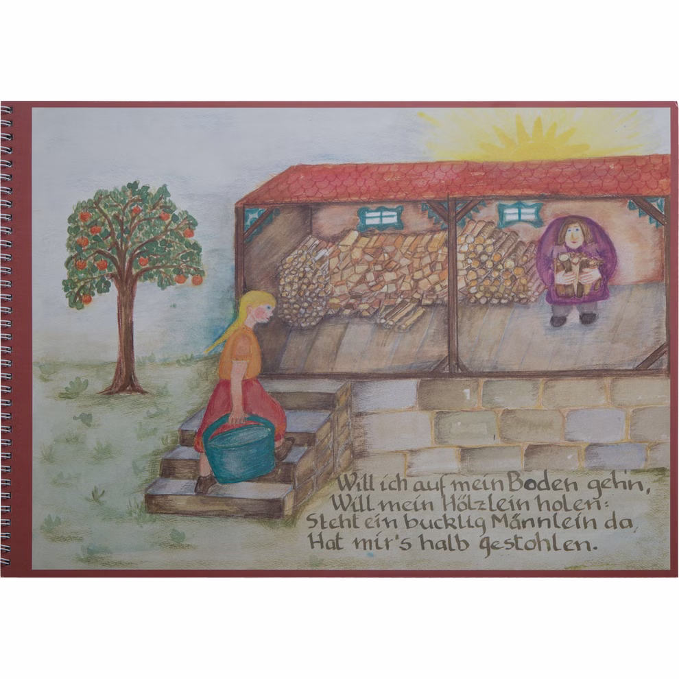 Casa Lingua Das bucklig Männlein _1298 Der Casa Lingua-Druck "Das bucklige Männlein" zeigt eine Aquarellszene mit einer Frau an einer Freitreppe einem Apfelbaum und einem Holzschuppen in dem eine gebückte Gestalt Stöcke hält. Der deutsche Text erscheint darunter.