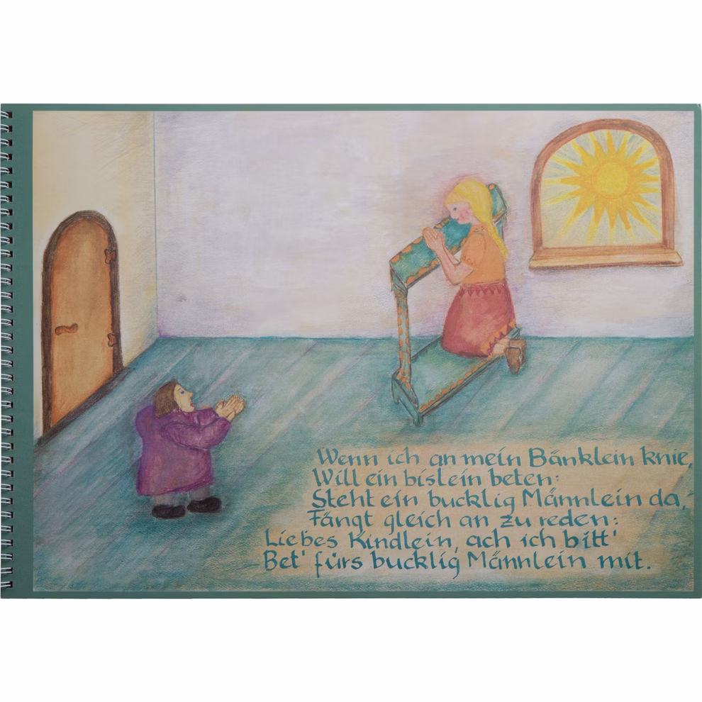 Casa Lingua Das bucklig Männlein _1299 Ein Kind kniet auf einer kleinen Bank und betet während Das bucklige Männlein eine bucklige Gestalt in einem braunen Mantel in der Nähe gestikuliert. Sonnenlicht strömt durch das Fenster. Der deutsche Text steht unter dieser Illustration von Casa Lingua.