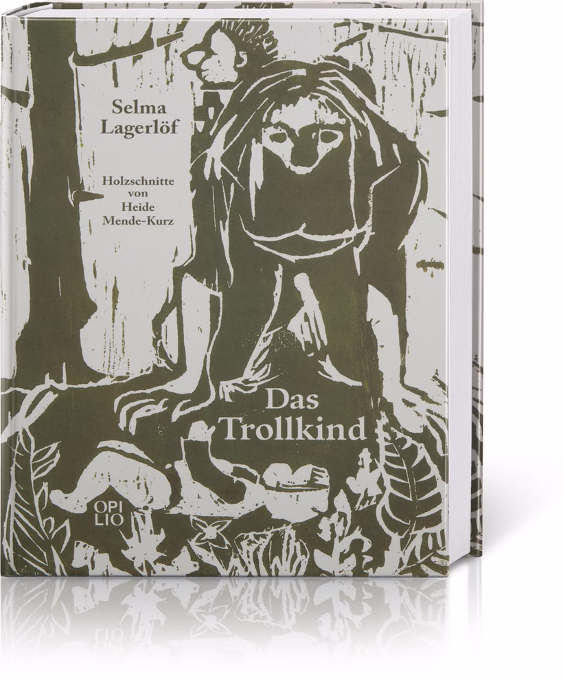Casa Lingua Das Trollkind _1310 Das Cover von Casa Lingua's Das Trollkind zeigt eine holzschnittartige Illustration einer trollähnlichen Figur und eines Kindes in Erdtönen akzentuiert durch Text und florale Muster am unteren Rand.