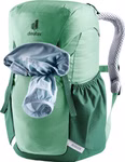 Der Deuter Kinderrucksack Junior (18 l Grüntöne) verfügt über gepolsterte gemusterte Schultergurte ein geräumiges Hauptfach Seitentaschen und eine offene Deckelklappe die das hellblaue Innenfutter zeigt.