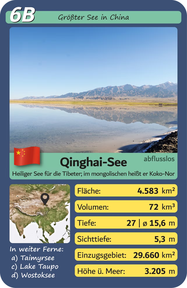 Wendelins Kartenspiele Quartett Seen 32 einzigartige Seen der Welt_25004 Das Quartett Seen 32 einzigartige Seen der Welt von Wendelins Kartenspiele enthält eine deutschsprachige Karte über den Qinghai-See in China mit See- und Bergbildern Statistiken zu Größe/Tiefe/Volumen einer Karte weiteren Fakten und einer chinesischen Flag