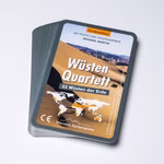 Quartett Wüsten Sonderedition von Wendelins Kartenspiele ist ein Stapel von 32 Spielkarten über Wüsten mit Dünenfotos einer Weltkarte und deutschem Text.