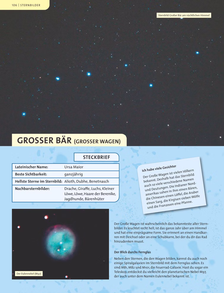 Circon Verlag Mein Sternenhimmel mit ganzseitigen Sternbildfolien _24550 Mein Sternenhimmel mit ganzseitigen Sternbildfolien" vom Circon Verlag zeigt das Sternbild Ursa Major (Großer Bär) mit beschrifteten Sternen benachbarten Konstellationen und informativen Textkästen zu Geschichte Sternen und Mythologie.