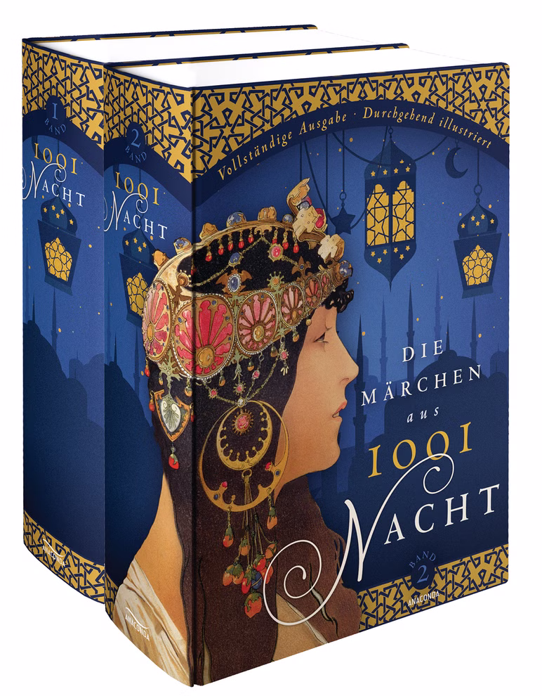 Anaconda Verlag Märchen aus 1001 Nacht - Vollständige Ausgabe 2 Bände_24814 Das Märchen aus 1001 Nacht - Vollständige Ausgabe 2 Bände des Anaconda Verlags kommt als Boxset mit verzierten blau-goldenen Einbänden Laternenmotiven und einem illustrierten Frauenprofil mit aufwändiger Perlenkopfbedeckung.