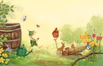 Giesberts kleiner Garten von Daniela Drescher (Urachhaus) zeigt ein skurriles Aquarell mit einer Elfe Schmetterlingen einem Huhn einem Kaninchen Blumen Grünzeug und Gartenaccessoires unter einem sanften gelben Himmel.
