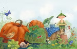 In "Giesberts kleiner Garten" von Daniela Drescher (Urachhaus) hält eine kleine Elfe mit einem Blätterhut einen Kuchen zwischen Kürbissen Blättern einer Schnecke einem Vogel Marienkäfern einem Huhn und Blumen neben einem gepunkteten Tuch und einem Schmette