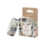 nuukk Washi Tape Safari 15 cm x 10 m_25428 Eine Rolle und eine Schachtel nuukk Washi Tape Safari (15 cm x 10 m) mit Safaritieren wie Elefanten Löwen Affen und Zebras mit dem Produktnamen auf der Verpackung.