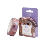 nuukk Washi Tape Ostereier 15 cm x 10 m_25448 Eine Rolle Washi Tape Ostereier (15 cm x 10 m) von nuukk mit pastellfarbenen geometrischen Mustern steht neben der dazugehörigen Box die abstrakte Formen und Blumen zeigt.