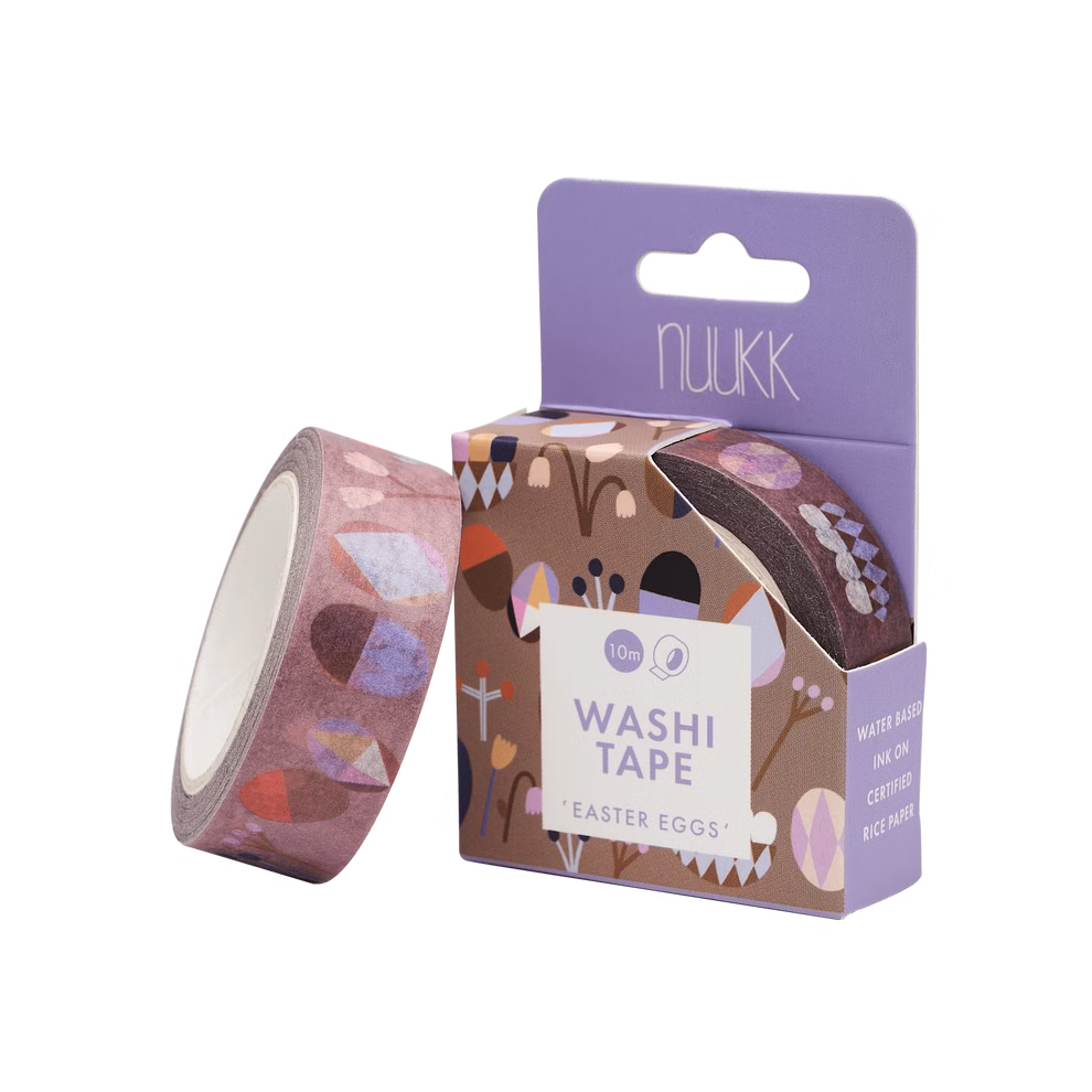 nuukk Washi Tape Ostereier 15 cm x 10 m_25448 Eine Rolle Washi Tape Ostereier (15 cm x 10 m) von nuukk mit pastellfarbenen geometrischen Mustern steht neben der dazugehörigen Box die abstrakte Formen und Blumen zeigt.