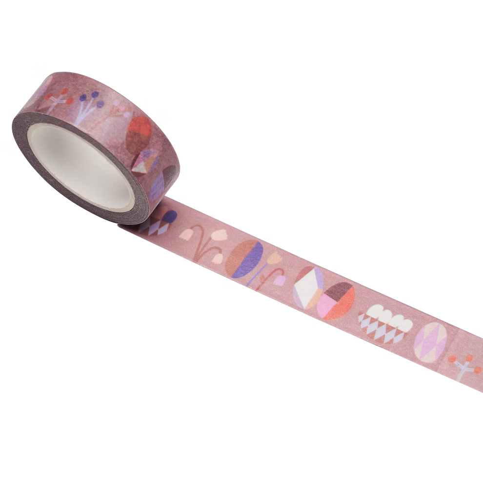 nuukk Washi Tape Ostereier 15 cm x 10 m_25449 Das nuukk Washi Tape Ostereier (15 cm x 10 m) zeigt einen rosa Hintergrund der mit abstrakten Formen und Blumen in Lila Rot Weiß und Orange verziert ist.