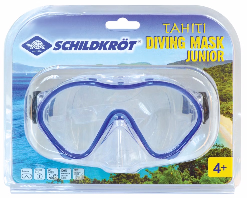Schildkröt Junior Tauchmaske Tahiti
4+ _26659 Eine verpackte Schildkröt Junior Tauchmaske Tahiti mit blauem Besatz ist vor einem tropischen Strandhintergrund abgebildet und als geeignet für Kinder ab 4 Jahren gekennzeichnet.