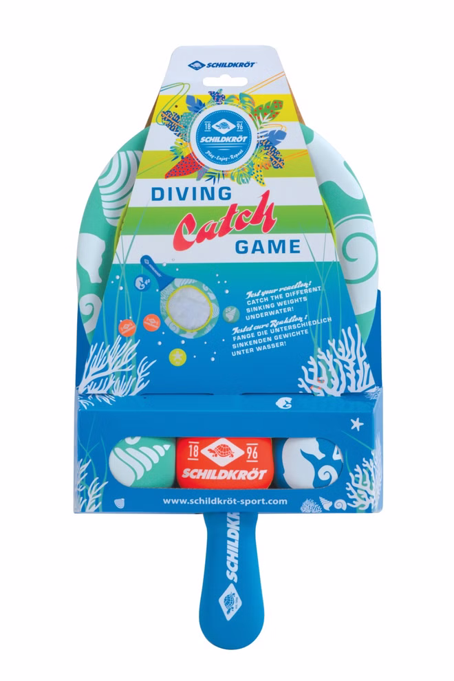 Schildkröt Schildkröt Neopren Diving Game
Catch _26552 Farbenfrohe Verpackung für das Schildkröt Neopren Tauchspiel Catch mit Unterwassermotiven Spieldetails und einem blauen Paddel mit Netz - perfekt für das Spiel im Pool oder im Wasser.