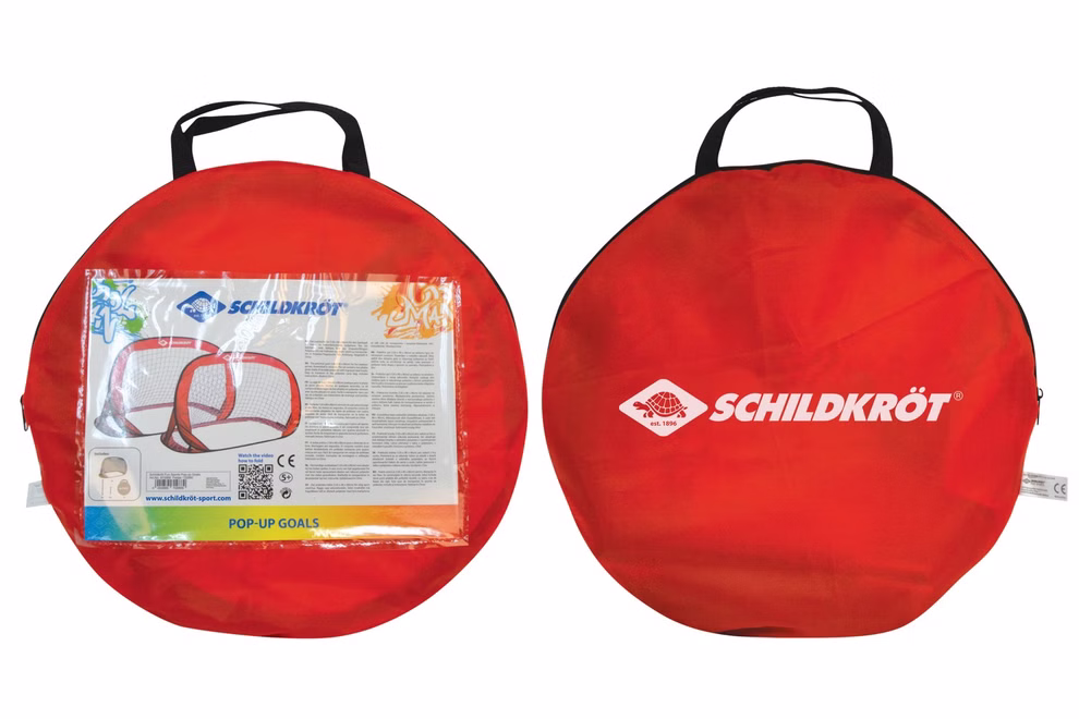Schildkröt Fußballtore Pop-Up mit Aufbewahrungstasche _26495 Zwei rote runde Tragetaschen mit schwarzen Griffen für den Schildkröt Fußballtore Pop-Up. Die eine hat eine Klarsichttasche mit Anleitung und Schildkröt-Logo die andere zeigt nur das Schildkröt-Logo.