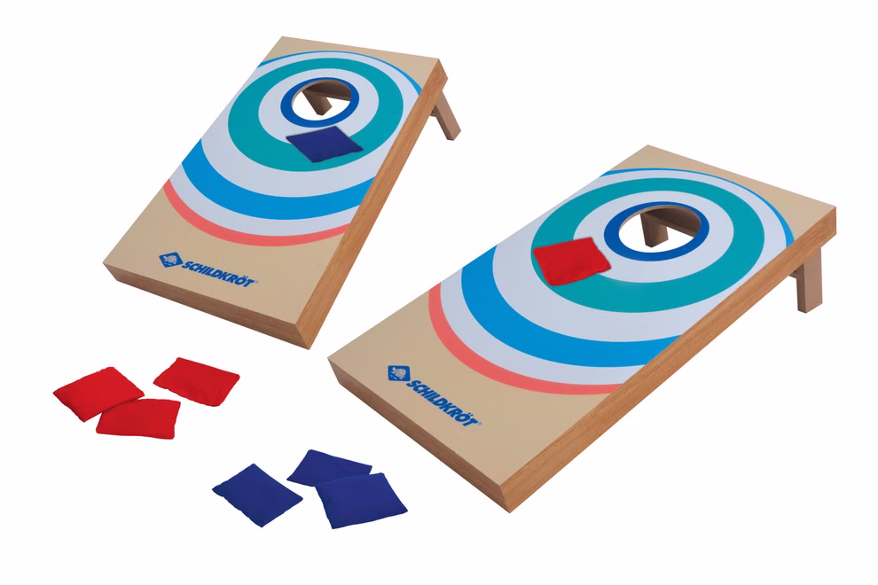 Schildkröt Schildkröt Cornhole Set Bean Bag oder Sackloch_25707 Das Schildkröt Cornhole Set Bean Bag oder Sackloch enthält zwei Holzbretter mit bunten Kreismustern und Löchern im oberen Bereich sowie sechs rote und sechs blaue Bohnensäcke zum Spielen von Schildkröt.