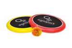 Schildkröt Ogo Sport® Set 2 Scheiben und ein Ball _25701 Zwei Schildkröt Ogo Sport® Paddel eines mit gelbem Rand und eines mit rotem Rand überlappen sich mit einem kleinen orange-gelben Fuzzy-Ball davor. Das Set enthält 2 Scheiben und einen Ball.