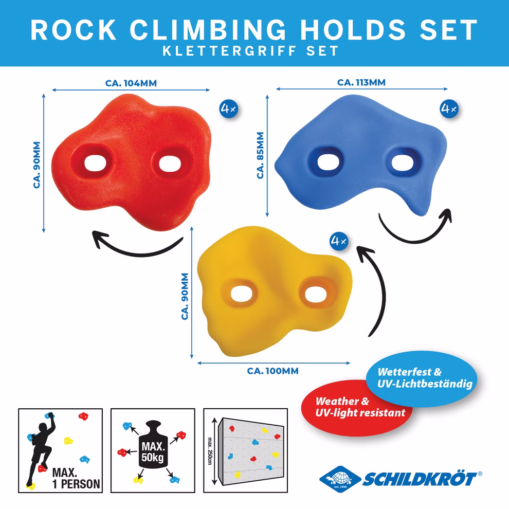 Schildkröt Klettergriff Set 12-teilig _32570 Abbildung des Schildkröt Klettergriff-Sets 12-teilig mit drei bunten Griffen (rot blau gelb) Größenangaben Symbolen für max. 1 Person und 50 kg Gewichtsbeschränkung sowie Wetter-/UV-Beständigkeit. Inklusive Anleitung und Schildkröt-Branding.