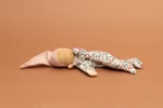 Die Käthe Kruse Waldorfpuppe Nini Blümchen 22 cm eine kleine Stoffpuppe im geblümten Outfit und rosa Hut liegt auf der Seite vor einem einfarbig braunen Hintergrund.