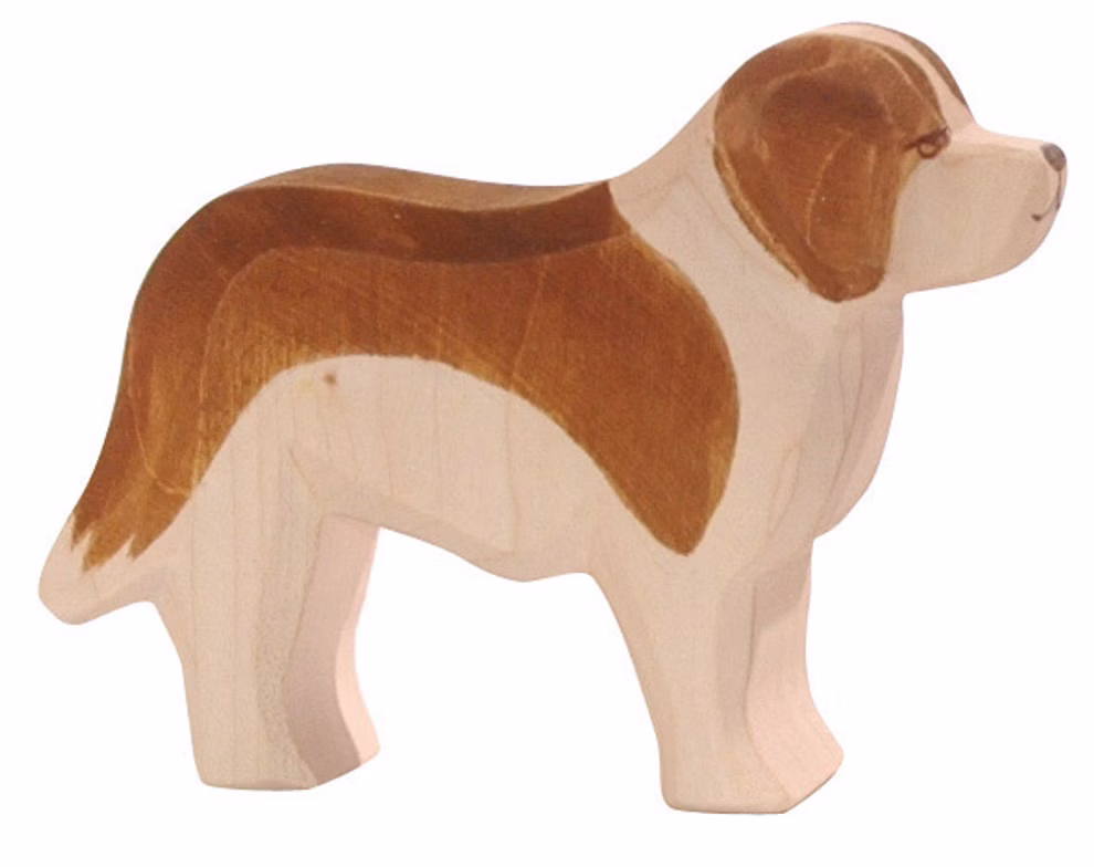 Ostheimer Ostheimer Bernhardiner Ahorn_27125 Der Ostheimer Bernhardiner Ahorn von Ostheimer ist eine hölzerne Bernhardiner-Hundefigur handbemalt in Braun und Weiß die auf allen Vieren steht.