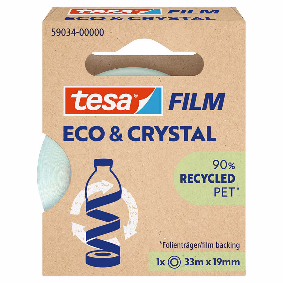 tesa tesa Klebefilm ECO & CRYSTAL transparent 19 mm x 33 m_28805 Ein Karton tesa Klebefilm ECO & CRYSTAL transparent (19mm x 33m) ist mit einer blauen Flaschengrafik und einem Text versehen der seine umweltfreundlichen Eigenschaften hervorhebt; er besteht zu 90% aus recyceltem PET.