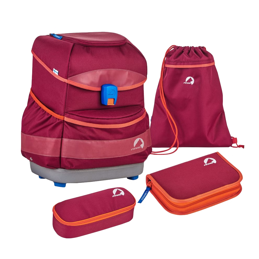 Finkid Schulranzen Set beet red/chili mit bestückter Federmappe Schlampermäppchen und Sportbeutel_32905 Das Finkid Schulranzen Set in Rübenrot/Chili besteht aus einem Rucksack einem gefüllten Federmäppchen einem Reißverschlussetui und einer Sporttasche die alle auf einem schlichten hellen Hintergrund abgebildet sind.