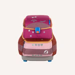 Finkid Schulranzen berry mix Gewicht ca. 990 g_29247 Der Schulranzen berry mix von Finkid ist ein farbenfroher Kinderrucksack (ca. 990 g) mit pink-roter Oberlasche mit Augen- und Sternmotiven blau-roter Schnalle hellbraunen Seiten und grauem Boden mit kleinen blauen Füßen.