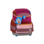 Finkid Schulranzen berry mix Gewicht ca. 990 g_32912 Die Finkid Schulranzen Beerenmix (ca. 990 g) zeigen ein farbenfrohes Design in Pink Rot Orange und Braun mit blauen Reißverschlüssen und einem Buddy Stickers Anhänger aufrecht stehend auf einem grauen Sockel.