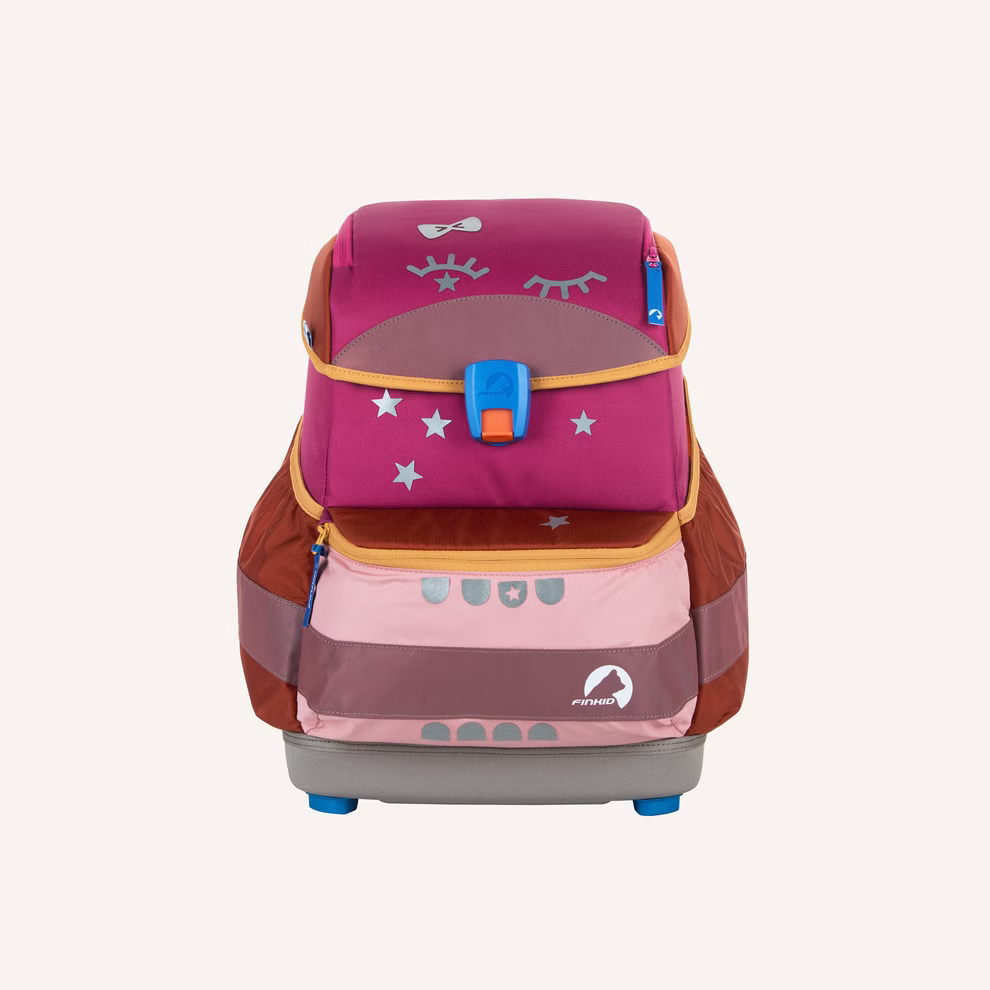 Finkid Schulranzen berry mix Gewicht ca. 990 g_29247 Der Schulranzen berry mix von Finkid ist ein farbenfroher Kinderrucksack (ca. 990 g) mit pink-roter Oberlasche mit Augen- und Sternmotiven blau-roter Schnalle hellbraunen Seiten und grauem Boden mit kleinen blauen Füßen.