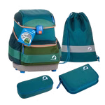 Ein Schulranzen-Set von Finkid im Dschungel-Mix bestehend aus gefülltem Federmäppchen Etui und Sporttasche.