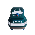 Die Finkid Reflektierende Textilsticker peppi sind verspielte grüne reflektierende Textilaufkleber für den BUDDY Kinderrucksack die ein weiß-blaues Monstergesicht mit Augen Zähnen und einem Lächeln zeigen.