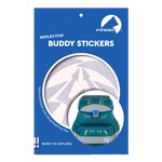 Die Produktverpackung für Finkid Reflektierende Textilsticker peppi für BUDDY Schulranzen zeigt silberne reflektierende Pfeilaufkleber und einen tealfarbenen Kinderrucksack mit Aufklebern. Auf der Oberseite sind Text und das Finkid Wolfslogo abgebildet.
