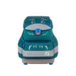 Der Finkid Reflektierende Textilsticker peppi für BUDDY Schulranzen zeigt ein verspieltes Monstergesicht mit Augen gezackten Augenbrauen und Zähnen in Teal mit grauen und blauen Akzenten dazu Seitentaschen und einen Klappverschluss oben.