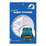 Finkid Reflektierende Textilsticker boffu für BUDDY Schulranzen_32888 Blaue Verpackung mit der Aufschrift Finkid Reflektierende Textilsticker boffu für BUDDY Schulranzen mit silbernen reflektierenden Aufklebern und einer Beispielabbildung eines mit den Aufklebern verzierten grünen Rucksacks.