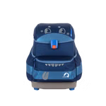 Finkid Reflektierende Textilsticker moffi für BUDDY Schulranzen_32917 Ein blauer Kinderrucksack von Finkid entworfen für die BUDDY Schulranzen und verziert mit verspielten Monstergrafiken reflektierenden moffi-Textilaufklebern blauen Reißverschlüssen und einem orangen Verschluss.