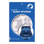 Finkid Reflektierende Textilsticker moffi für BUDDY Schulranzen_32918 Eine Verpackung mit der Aufschrift Reflektierende Textilsticker moffi für BUDDY Schulranzen von Finkid mit silbernen reflektierenden Aufklebern und einem blauen Musterrucksack mit Aufklebern. Die blaue Verpackung hat weißen Text und ein Wolfslogo.