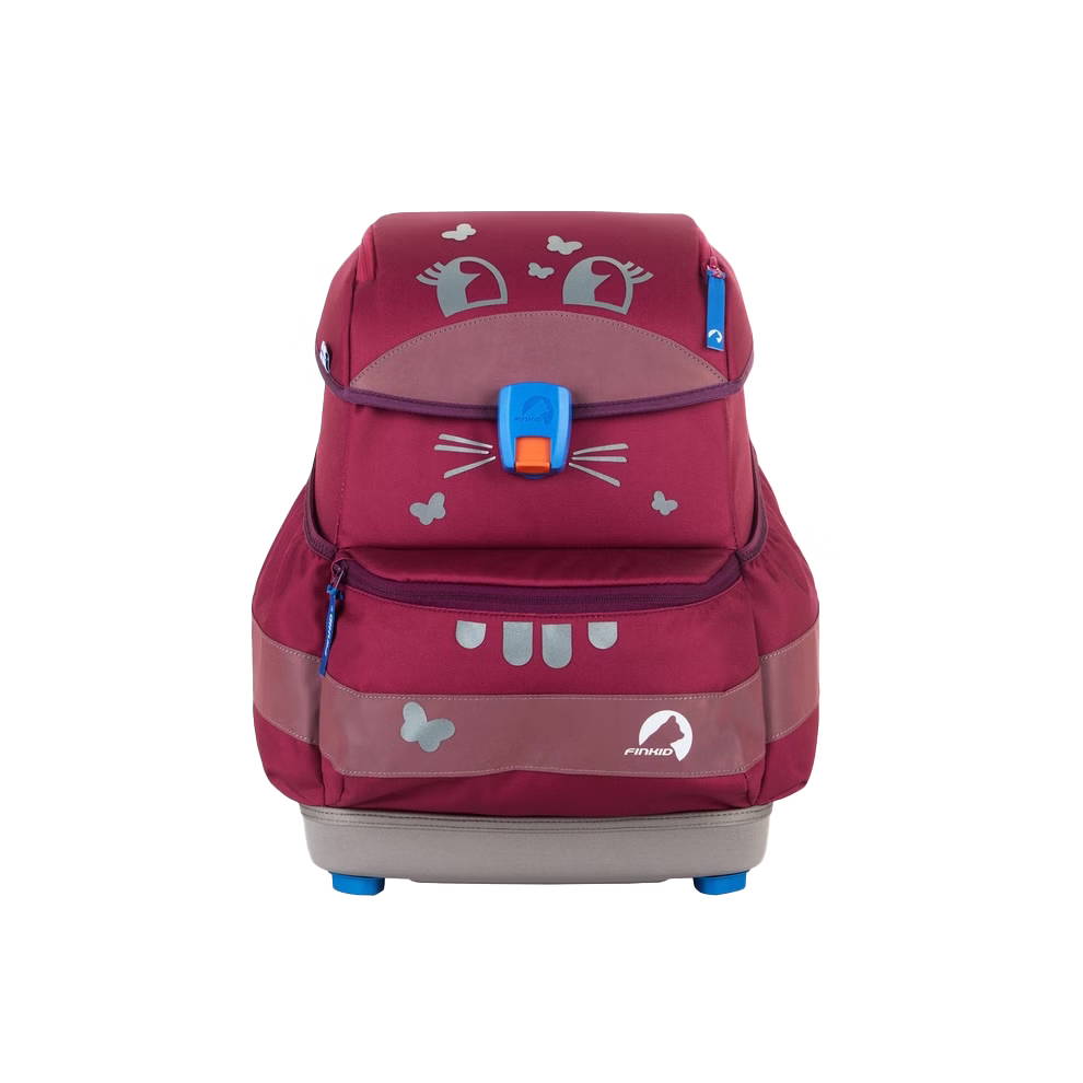 Finkid Reflektierende Textilsticker sunni für BUDDY Schulranzen_32906 Ein kastanienbrauner Kinderrucksack von Finkid mit reflektierenden "sunni"-Textilstickern für BUDDY Schulranzen verspielten Tiergesichtern blauen Reißverschlüssen einem bunten Verschluss reflektierenden Streifen und Schmetterlingsakzenten auf der Vordersei