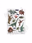 Der Halfbird Reflektierende Aufkleber Dino Pocket Edition zeigt Dinosaurier wie Stegosaurus Triceratops und Brachiosaurus mit grünen Blättern Dino-Fußabdrücken und abstrakten blauen Formen auf einem weißen Hintergrund.