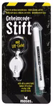 Verpackung für den Detektiv Geheimcodestift vom moses. Verlag mit einem weißen Stift und einem Mini-Schlüsselanhänger mit UV-Licht. Mehrsprachiger Text hebt "Geheimschrift unsichtbarer Stift" und "mit UV-Licht" hervor.