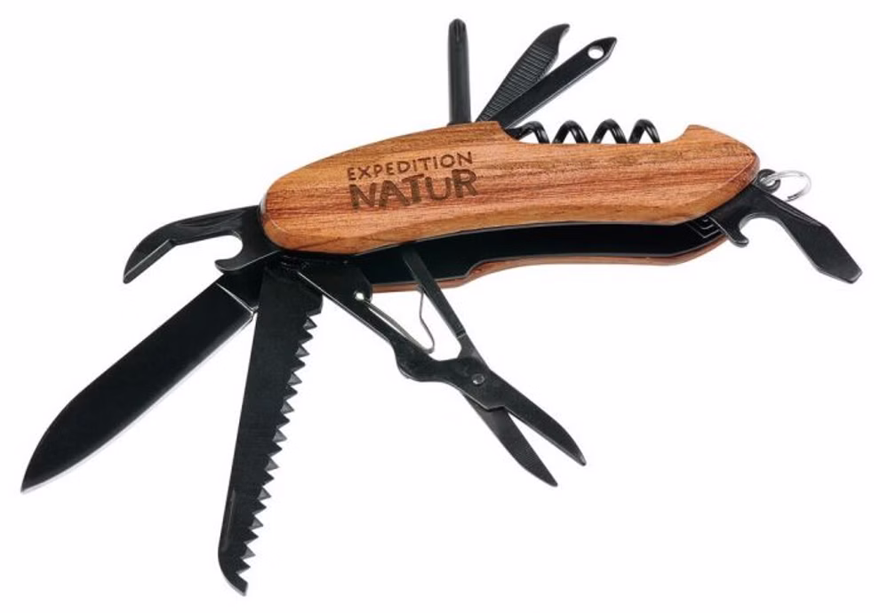 moses. Verlag Expedition Natur Outdoor-Taschenmesser mit Holzgriff_29809 Das moses. Verlag Expedition Natur Outdoor-Taschenmesser mit Holzgriff ist ein Multi-Tool-Taschenmesser mit großer Klinge Säge Schere Schraubenzieher Dosen- und Flaschenöffner Korkenzieher und weiteren ausklappbaren Werkzeugen.