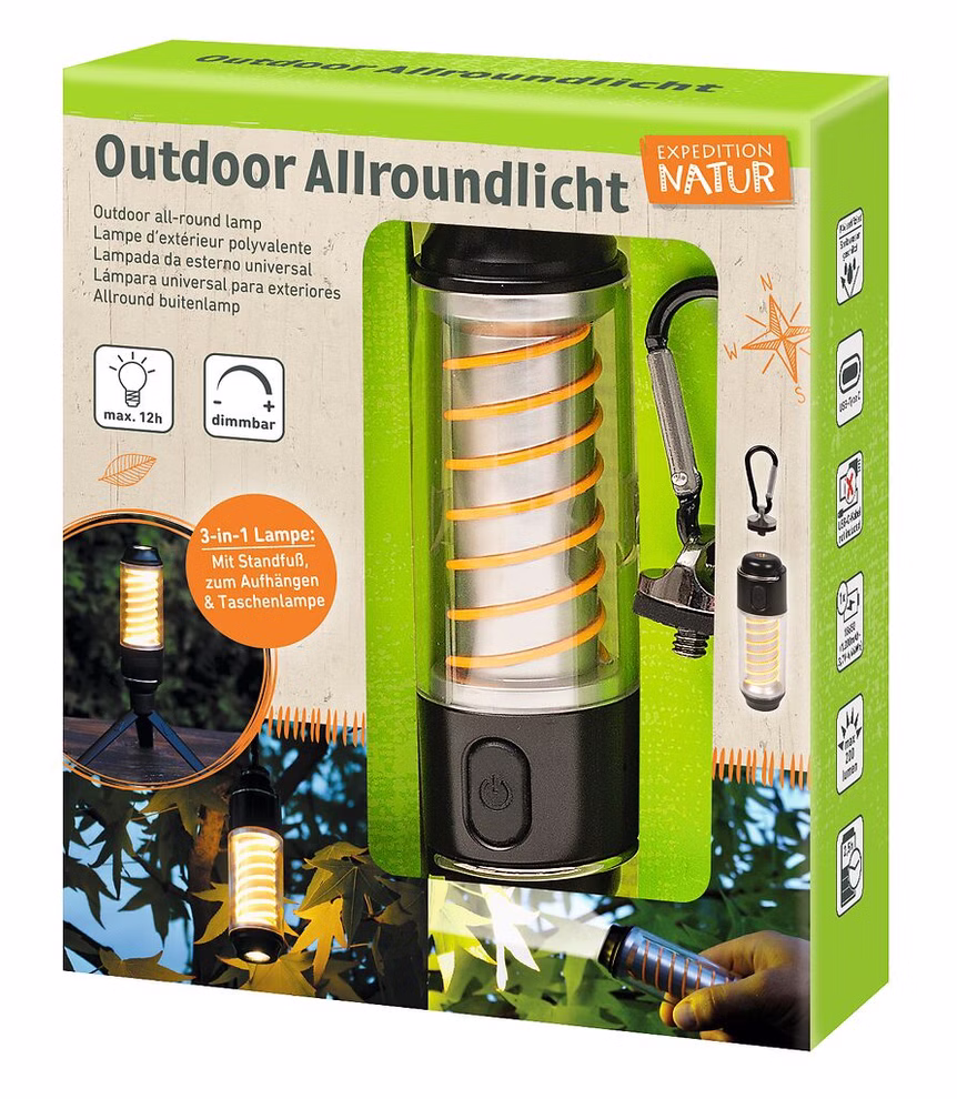 moses. Verlag Expedition Natur Outdoor Allroundlicht _29956 Die Verpackung für die moses. Der Verlag Expedition Natur Outdoor Allroundlicht zeigt Bilder der Lampe hebt die bis zu 12-stündige Laufzeit die dimmbare Funktion und die 3-in-1-Vielseitigkeit hervor und zeigt sie hängend oder stehend zwischen Ästen.