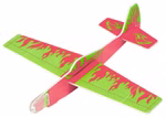 Der Leuchtende Segelflieger Glow in the Dark vom moses. Verlag ist ein leichtes Spielzeug-Segelflugzeug das von der Seite gezeigt wird in rosa mit grünen Flammenmotiven auf den Flügeln und dem Schwanz vor einem weißen Hintergrund.