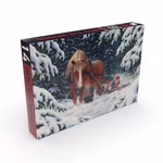 Das Penny Puzzle "Into the Woods 500 Teile" zeigt ein Pferd das einen Schlitten mit drei gnomartigen Figuren durch einen verschneiten Wald zieht mit schneebedeckten Bäumen im Hintergrund.