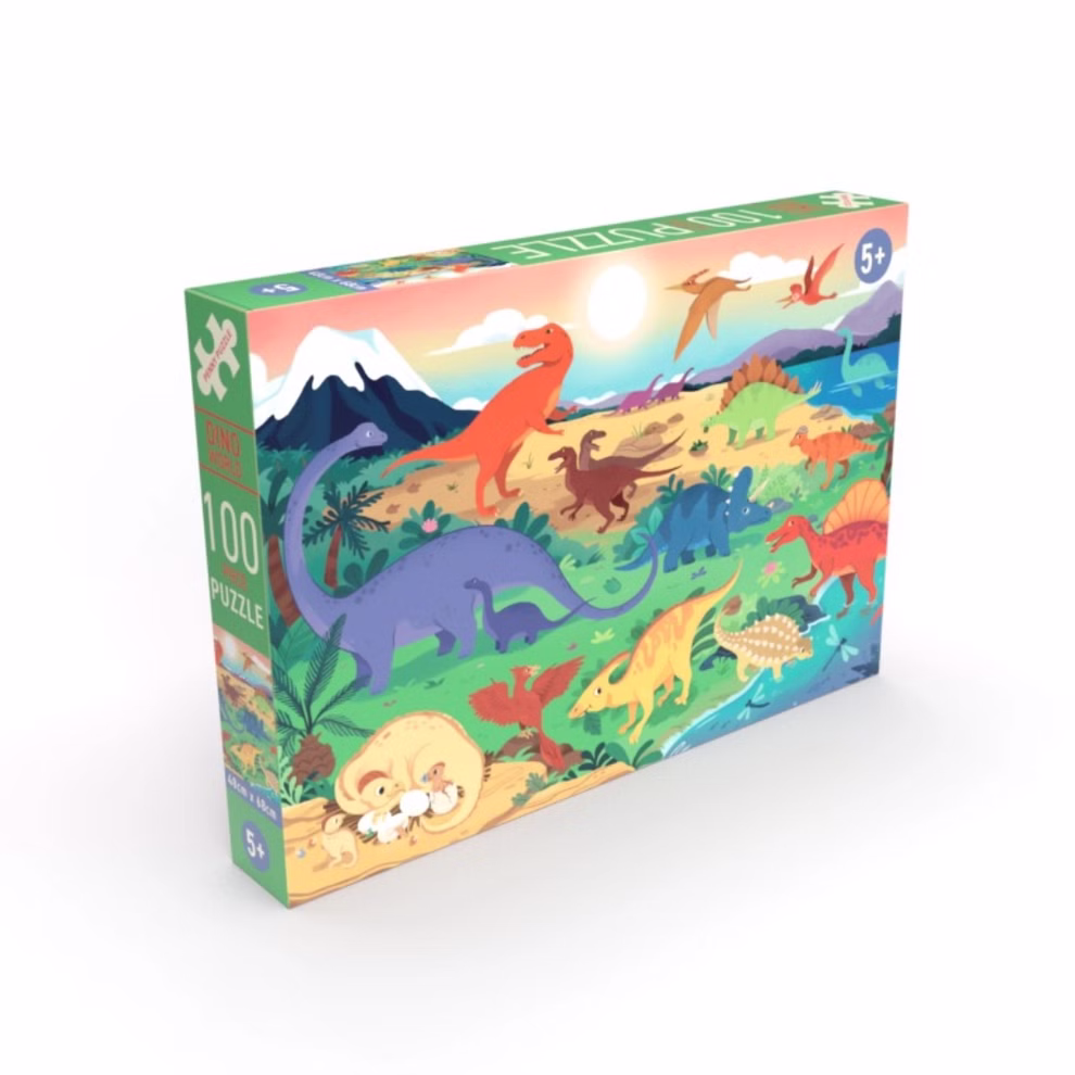 Penny Puzzle Puzzle Dino World 100 XL für Kinder ab 5 Jahren_30113 Das Penny Puzzle "Puzzle Dino World 100 XL" ist eine farbenfrohe Box mit Cartoon-Dinosauriern in einer lebendigen prähistorischen Szene mit Vulkanen Bäumen und einer strahlenden Sonne perfekt für Kinder ab 5 Jahren und enthält 100 extra große Teile.
