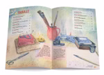 Eine Doppelseite aus "VORHANG AUF Heft 136 Buch und Schrift" des Waldow Verlags zeigt ein Stillleben mit Malutensilien - Pinsel in einem roten Becher Bleistift Schere Bücher gefaltetes Papier blaue Dose - und einem deutschen Inhaltsverzeichnis.