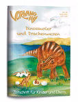 Das Cover von VORHANG AUF Heft 140 des Waldow Verlags zeigt einen gestreiften Dinosaurier und ein Dino-Baby beim Schlüpfen mit dem Titel "Dinosaurier und Drachenwesen" vor einem Hintergrund aus Himmel und Gras. Geeignet für Kinder und Eltern.
