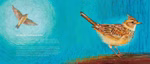 Oberste Brink Von den Wiesentieren Loes Botman_30356 Ein lebhaftes Bild aus "Von den Wiesentieren Loes Botman" von Oberste Brink zeigt zwei Lerchen - eine sitzende unten rechts und eine fliegende oben links - vor einem blauen Hintergrund mit deutschem Text auf der linken Seite.