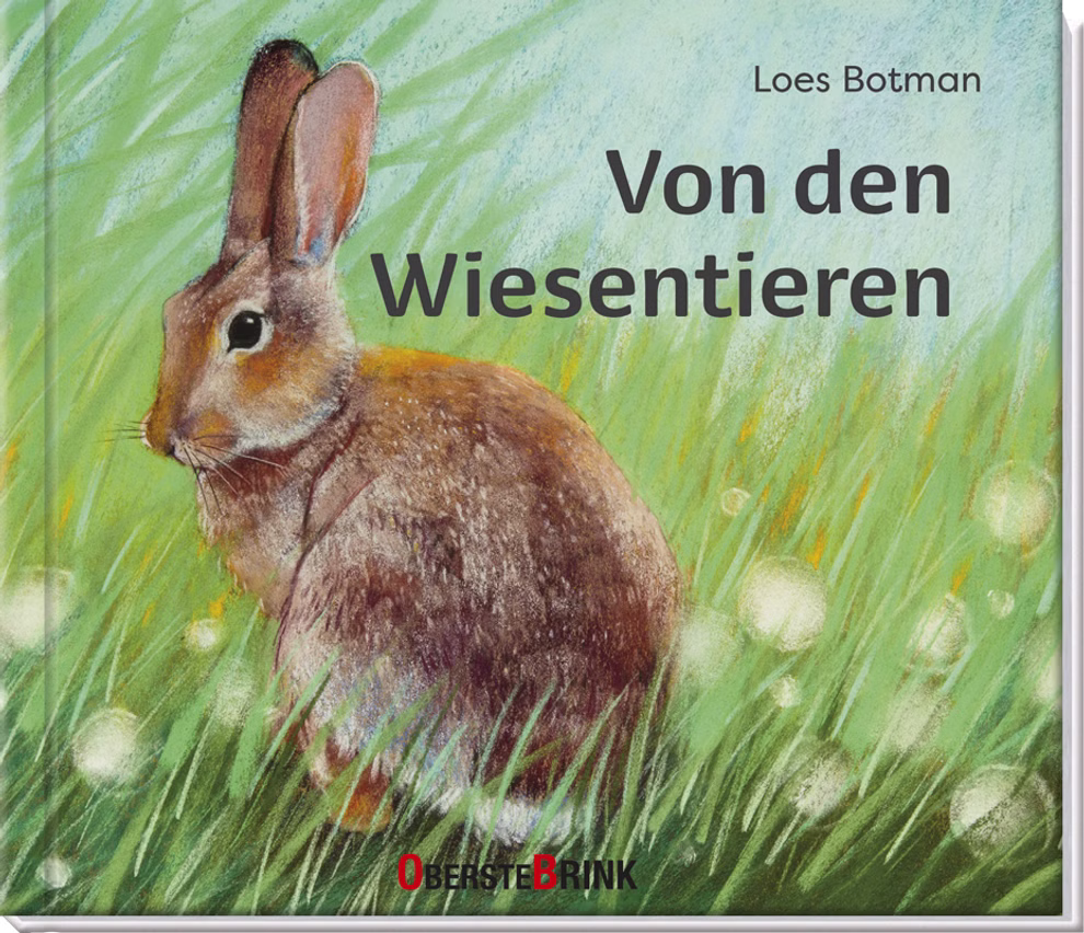 Oberste Brink Von den Wiesentieren Loes Botman_30350 Auf dem Umschlag von Von den Wiesentieren Loes Botman ist eine Zeichnung eines braunen Kaninchens im grünen Gras zu sehen mit der Marke Oberste Brink am unteren Rand.