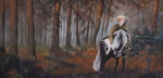 Ein kleines Kind mit hellem Haar in ein Fell gehüllt sitzt auf einem schwarzen Pferd in einem schattigen Wald. Sanftes Licht scheint auf sie. Szene inspiriert von "Vom fürchterlichen Drachen Annina Holzer" aus Urachhaus.