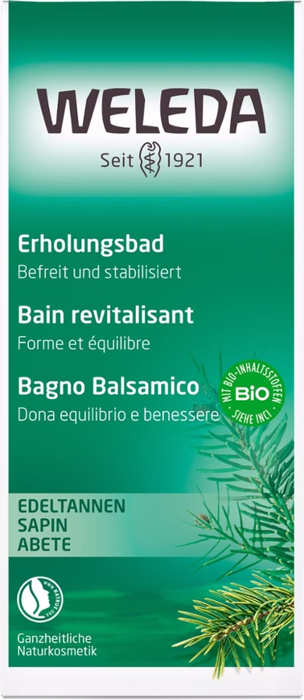 Weleda Weleda Edeltannen-Erholungsbad 200 ml _30863 Die Weleda Edeltannen-Erholungsbad 200 ml-Verpackung ist mit deutschem französischem und italienischem Text Tannenzweigbildern unten rechts sowie Bio- und Naturkosmetik-Symbolen für ganzheitliche Naturkosmetik versehen.